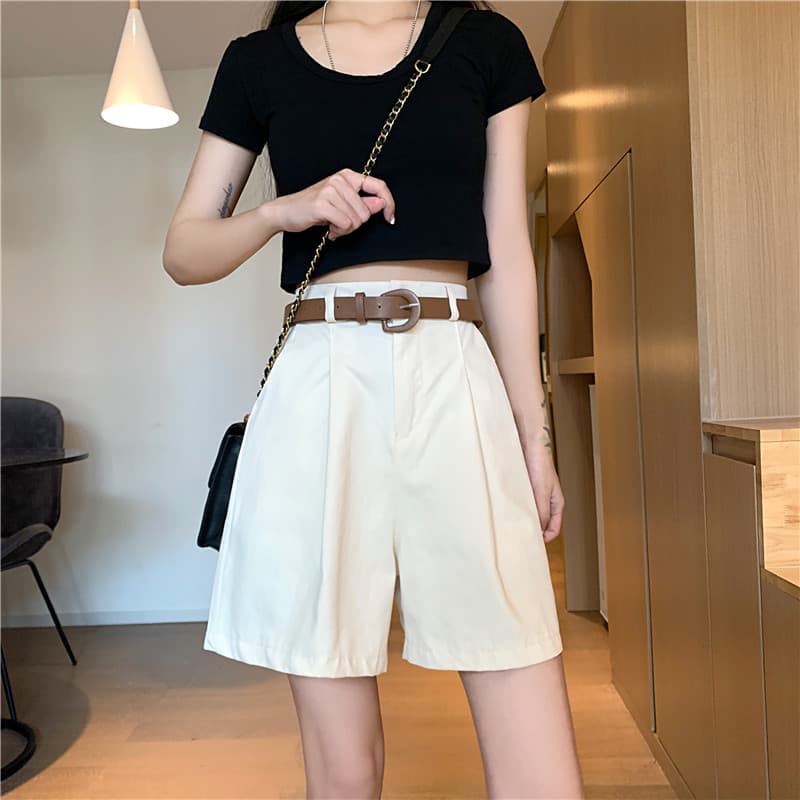 チノパン 夏 ワイド ハイウエスト ベルト付き チノショートパンツ