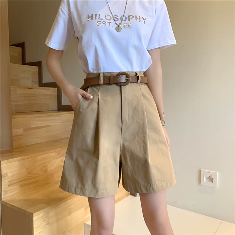 チノパン 夏 ワイド ハイウエスト ベルト付き チノショートパンツ