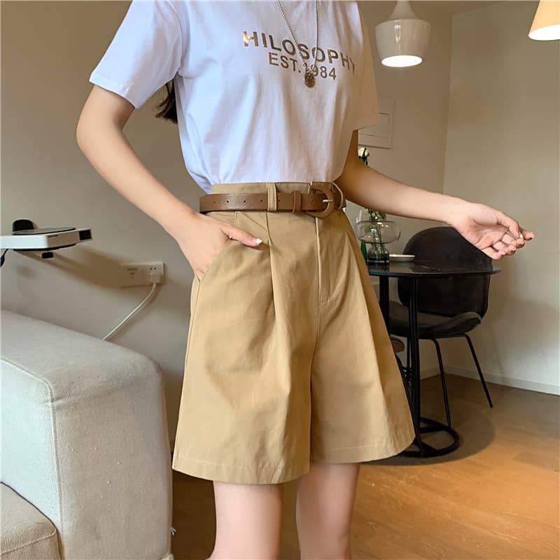 チノパン 夏 ワイド ハイウエスト ベルト付き チノショートパンツ