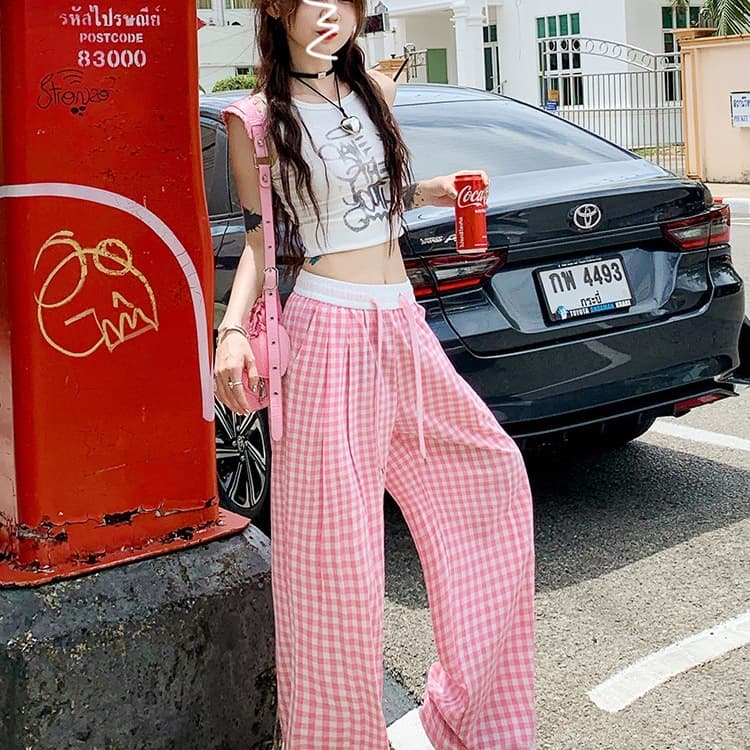 チノパン 夏の格子柄ワイドチノパン