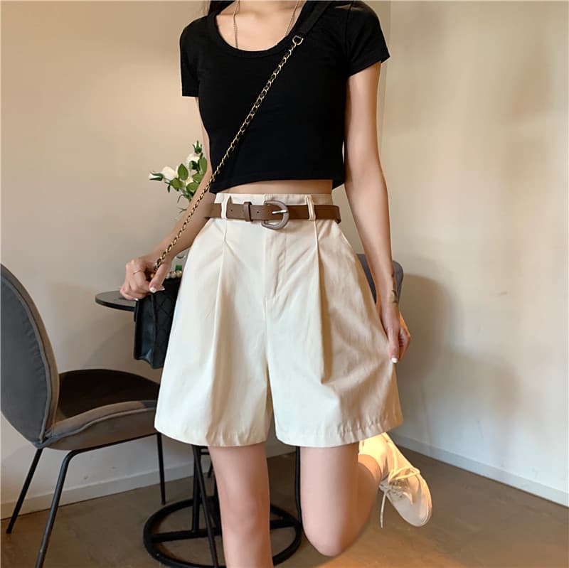 チノパン 夏 ワイド ハイウエスト ベルト付き チノショートパンツ