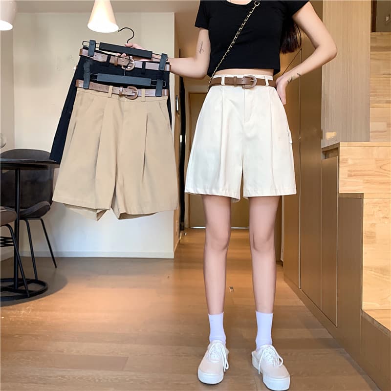 チノパン 夏 ワイド ハイウエスト ベルト付き チノショートパンツ
