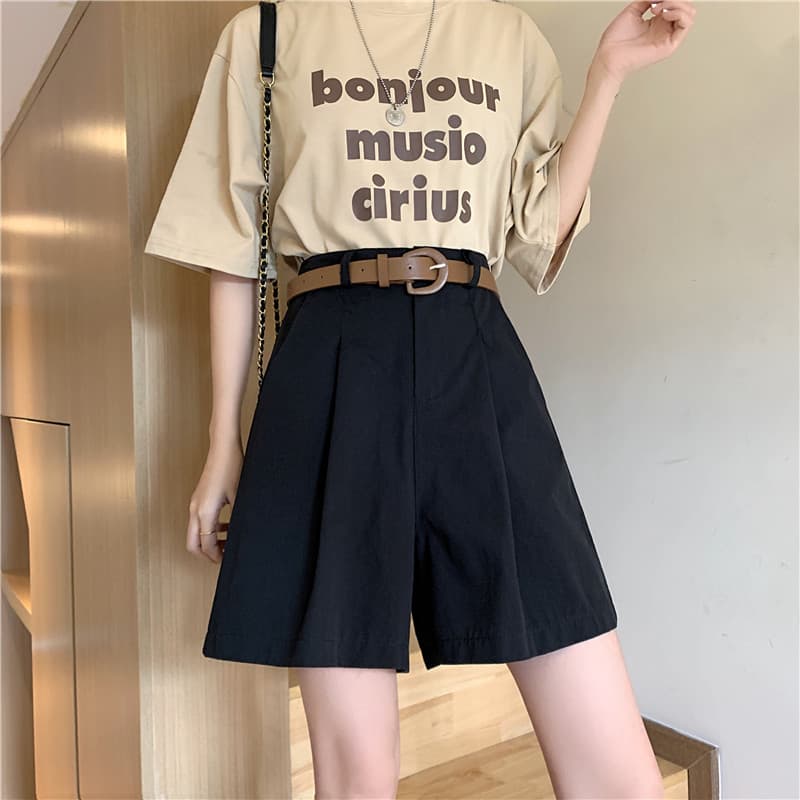 チノパン 夏 ワイド ハイウエスト ベルト付き チノショートパンツ