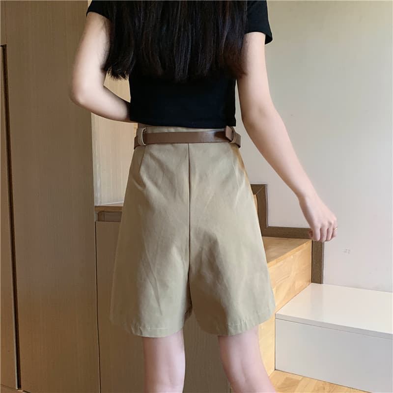 チノパン 夏 ワイド ハイウエスト ベルト付き チノショートパンツ